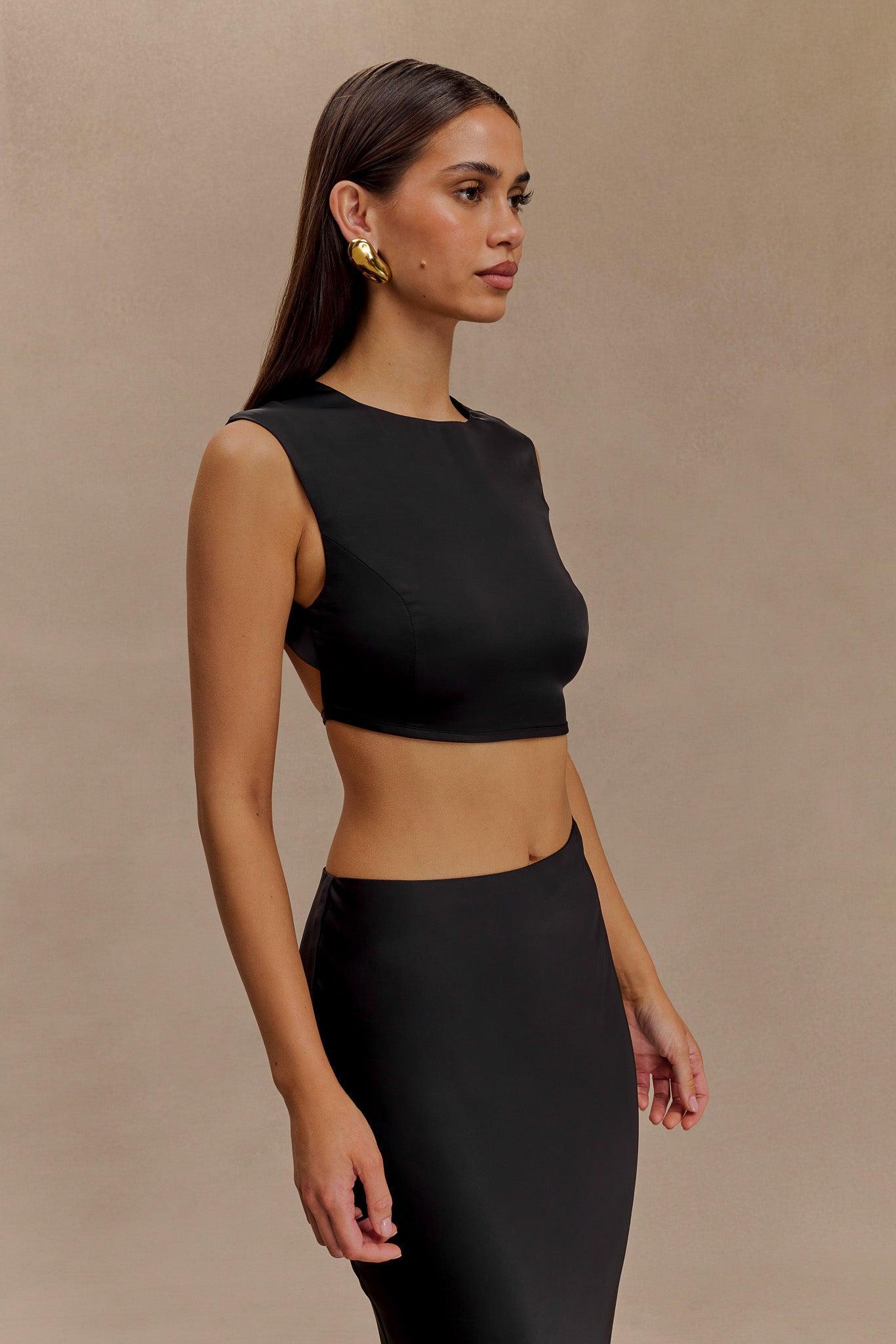 Viviana Satin Sleeveless Crop Top - Black Product Image