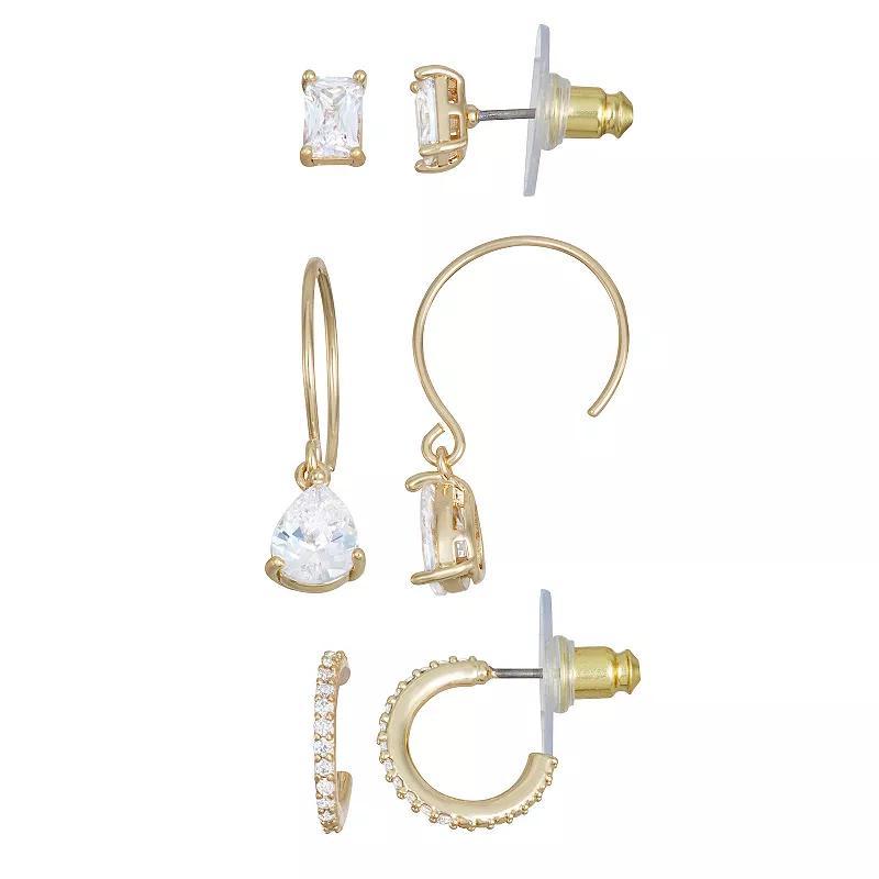 Napier Gold Tone Cubic Zirconia Stud Hoop Drop Earrings Set of 3, Womens, Clear Product Image