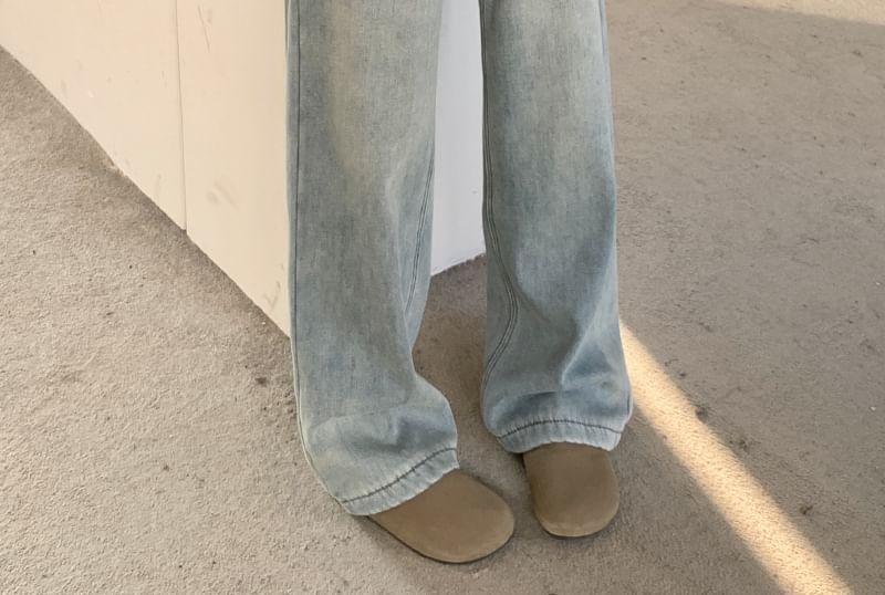 High Waist Fleece-Lined Washed Wide Leg Jeans Product Image