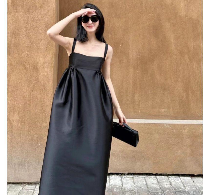 Spaghetti Strap Plain Open Back Slit Maxi A-Line Dress Product Image