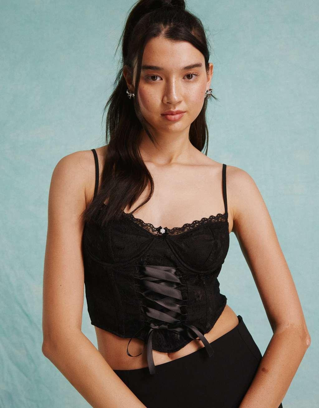 Miss Selfridge lace tie front corset top in black Product Image