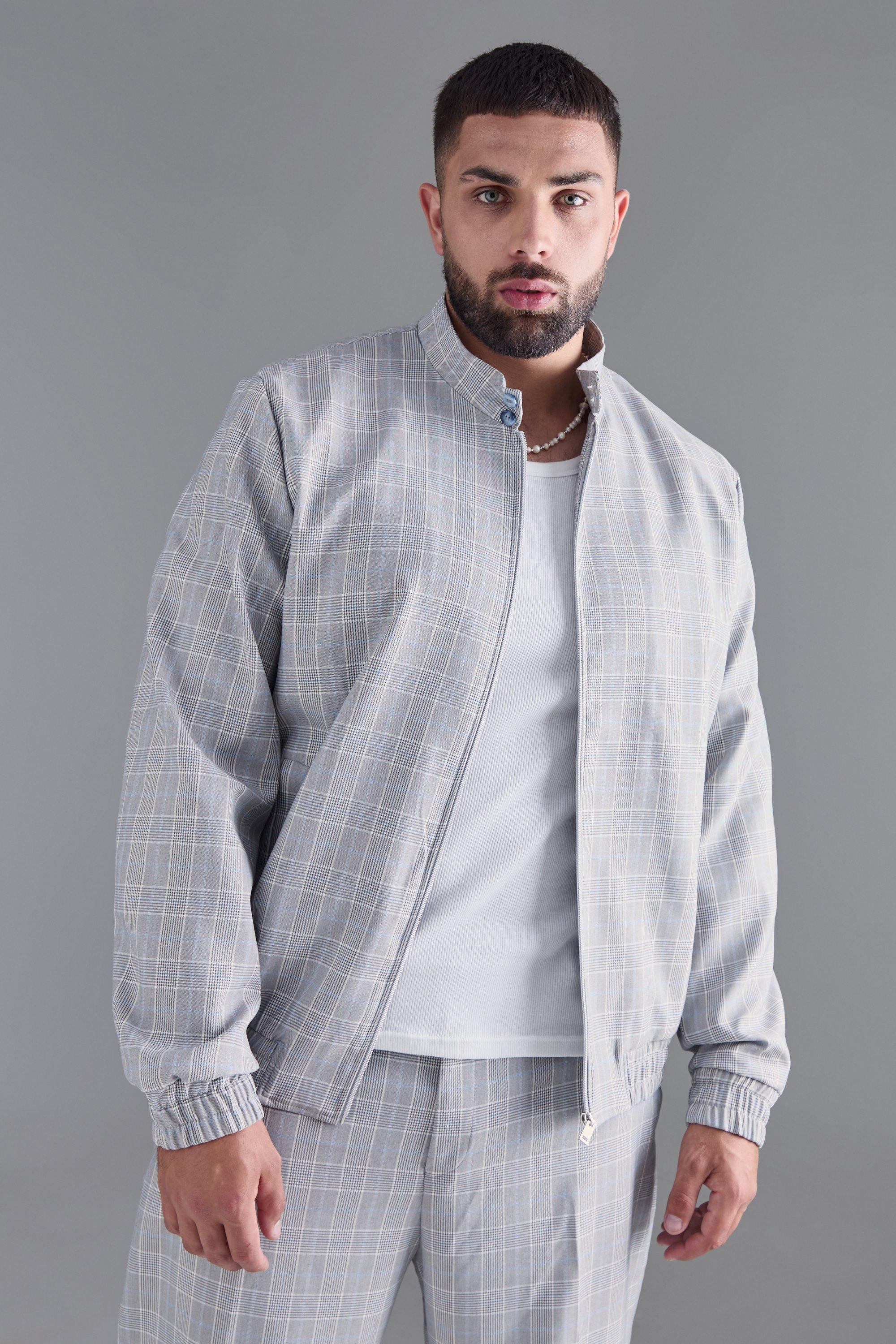 Plus Plaid High Neck Zip Up Smart Bomber Jacket | boohooMAN USA Product Image