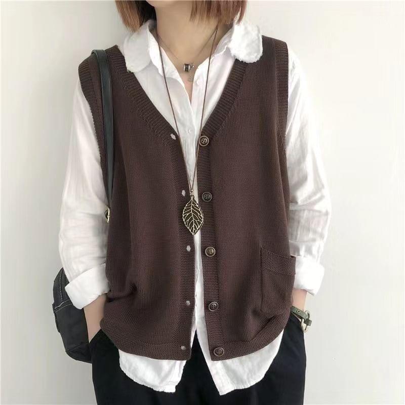 V-Neck Plain Button Sweater Vest Product Image