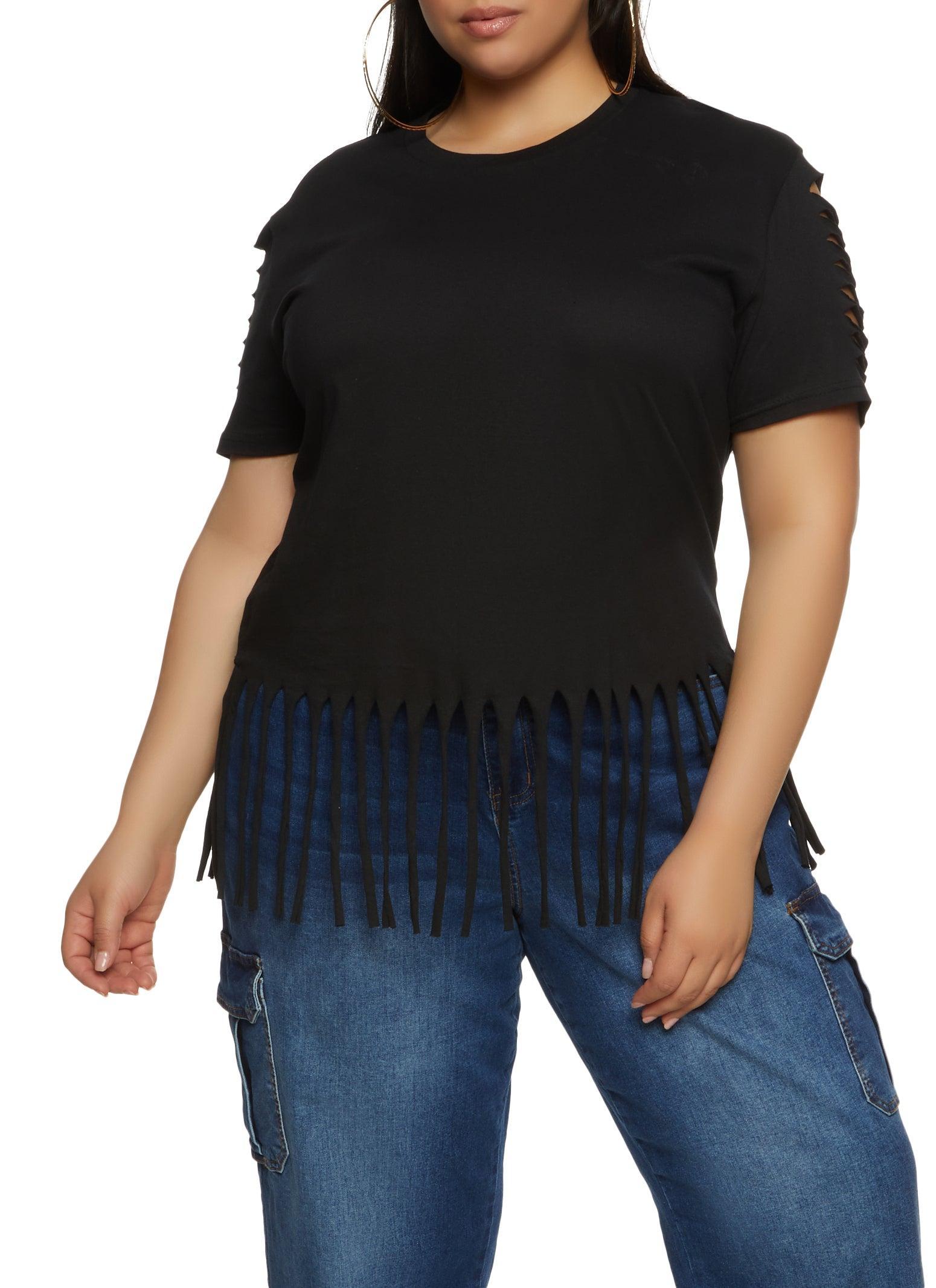 Womens Plus Size Laser Cut Fringe Hem Tee Product Image