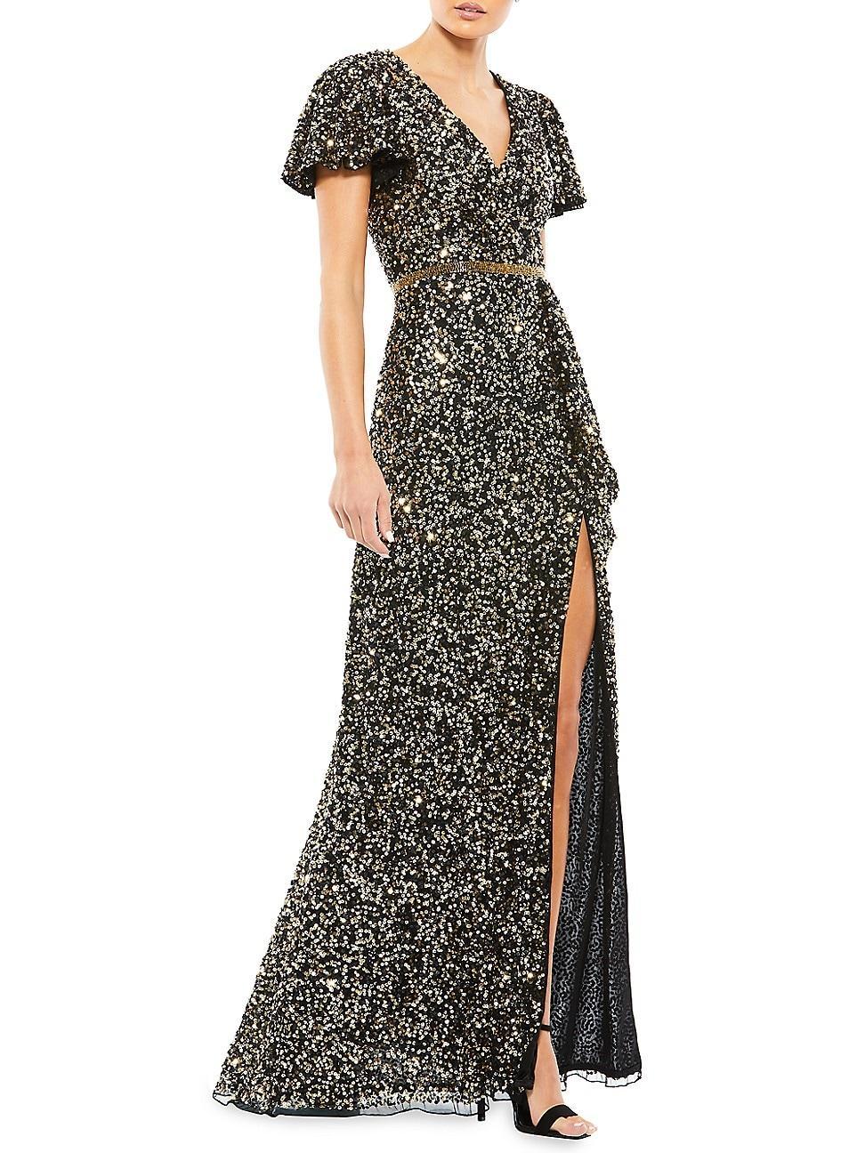 Womens Sequined Butterfly-Sleeve Gown Product Image