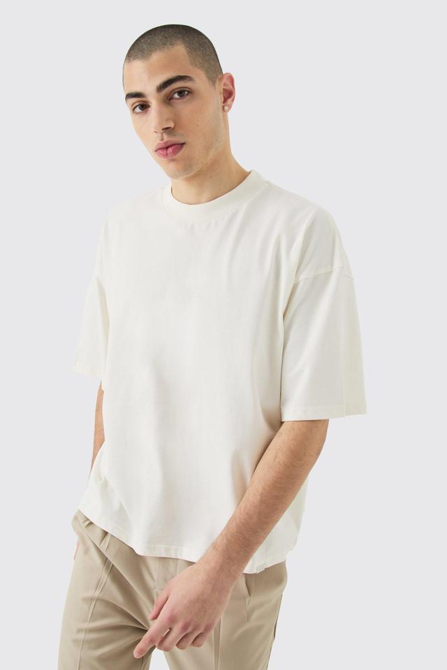 Mens Cream Oversized Extended Neck Boxy Heavyweight T-shirt, Cream Product Image