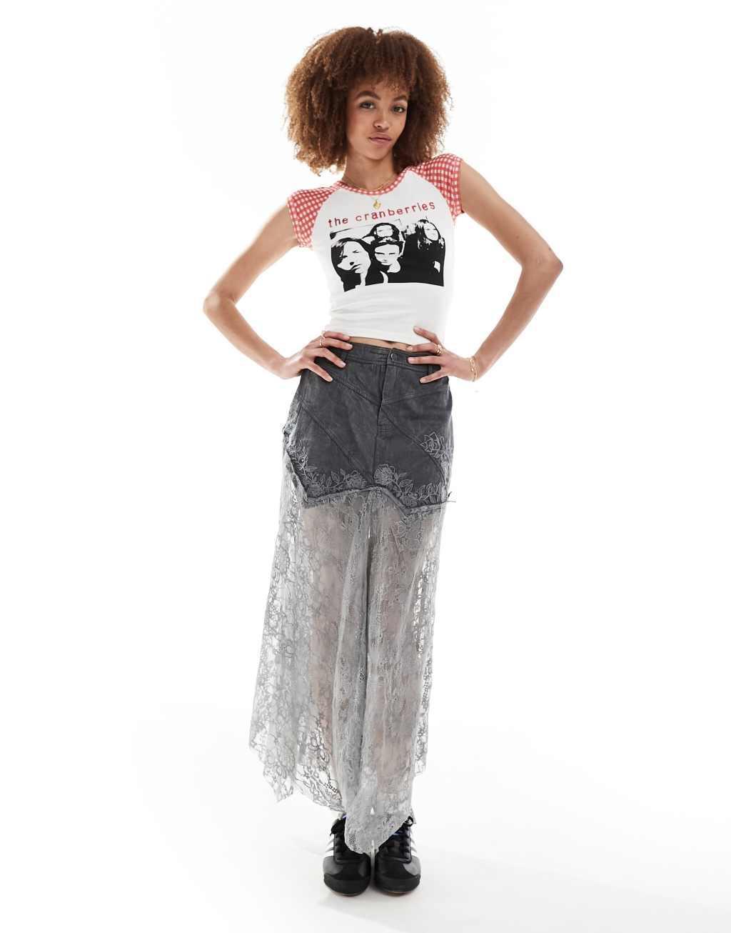 Reclaimed Vintage western denim & lace maxi skirt Product Image