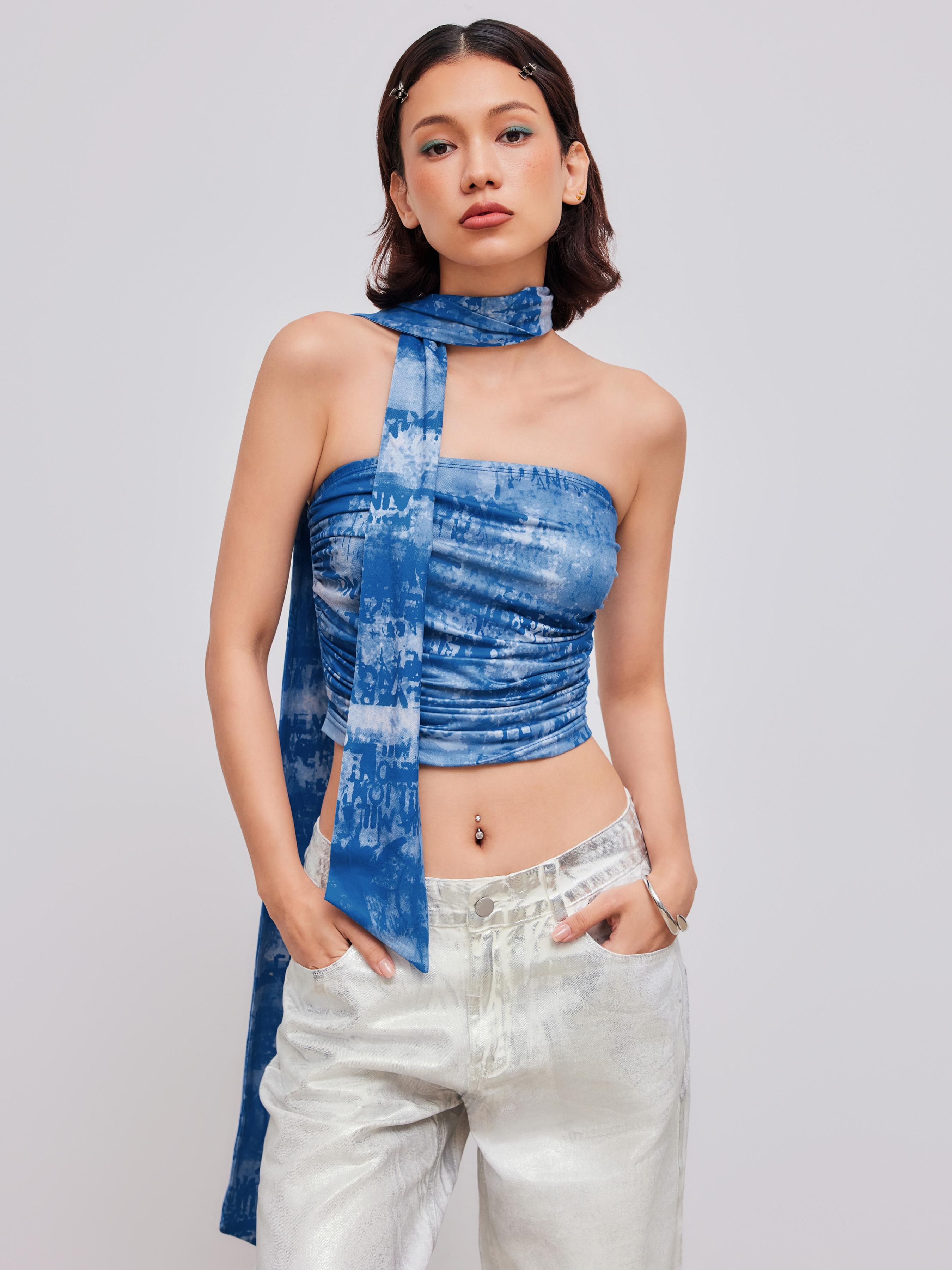 Abstract Ruched Crop Tube Top With Scarf Product Image