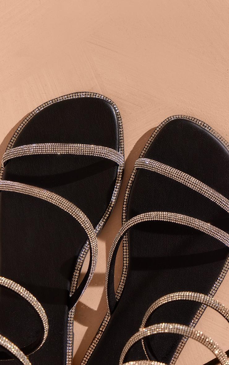 Black PU Square Toe Diamante Spiral Strap Flat Sandals Product Image