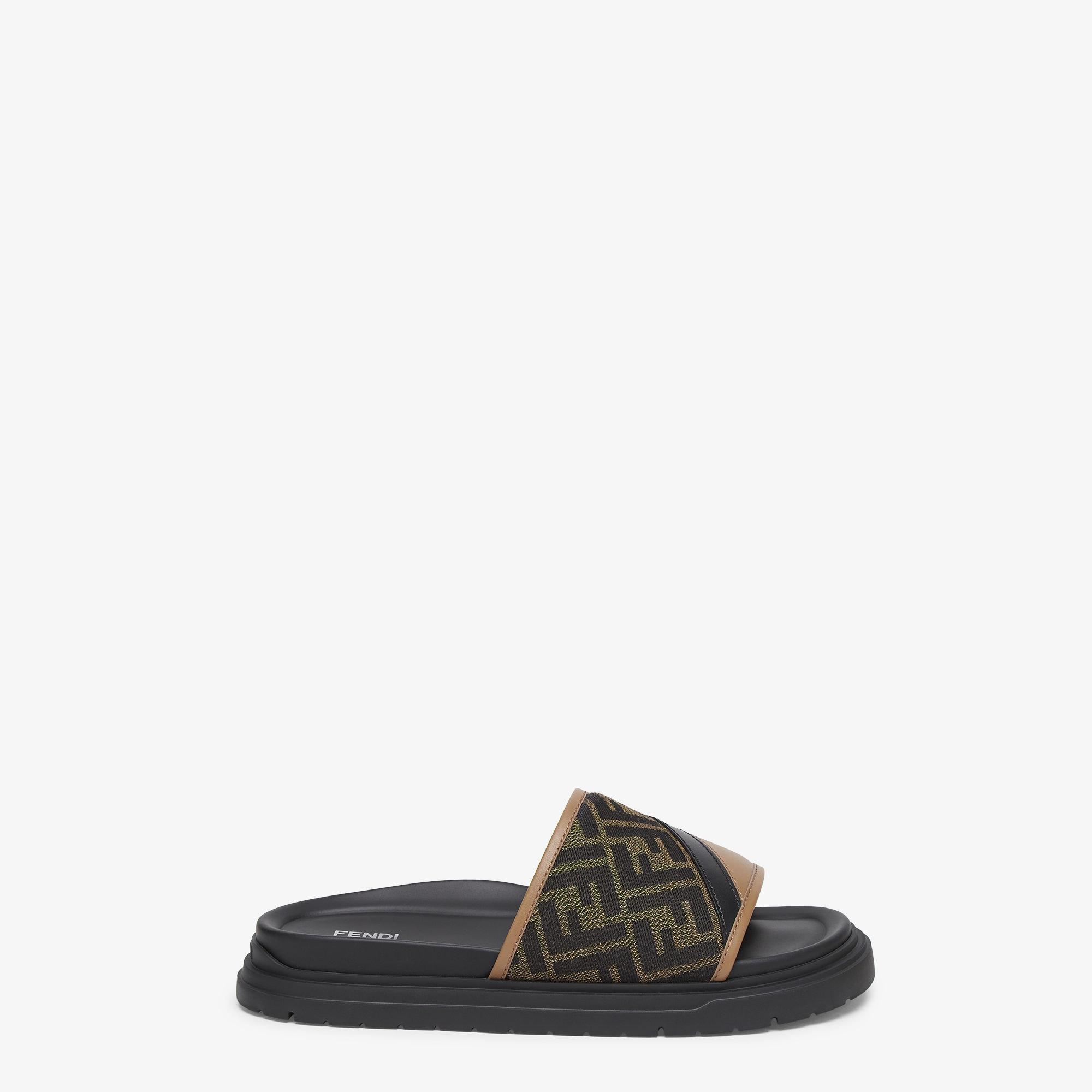 Fendi Diagonal SlidesBrown FF jacquard and beige leather slides Product Image