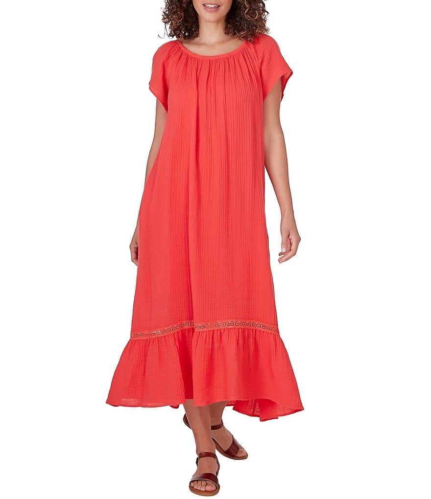 Ruby Rd. Soft Gauze Boat Neck Short Flutter Sleeve High-Low Shift Midi Dress Product Image