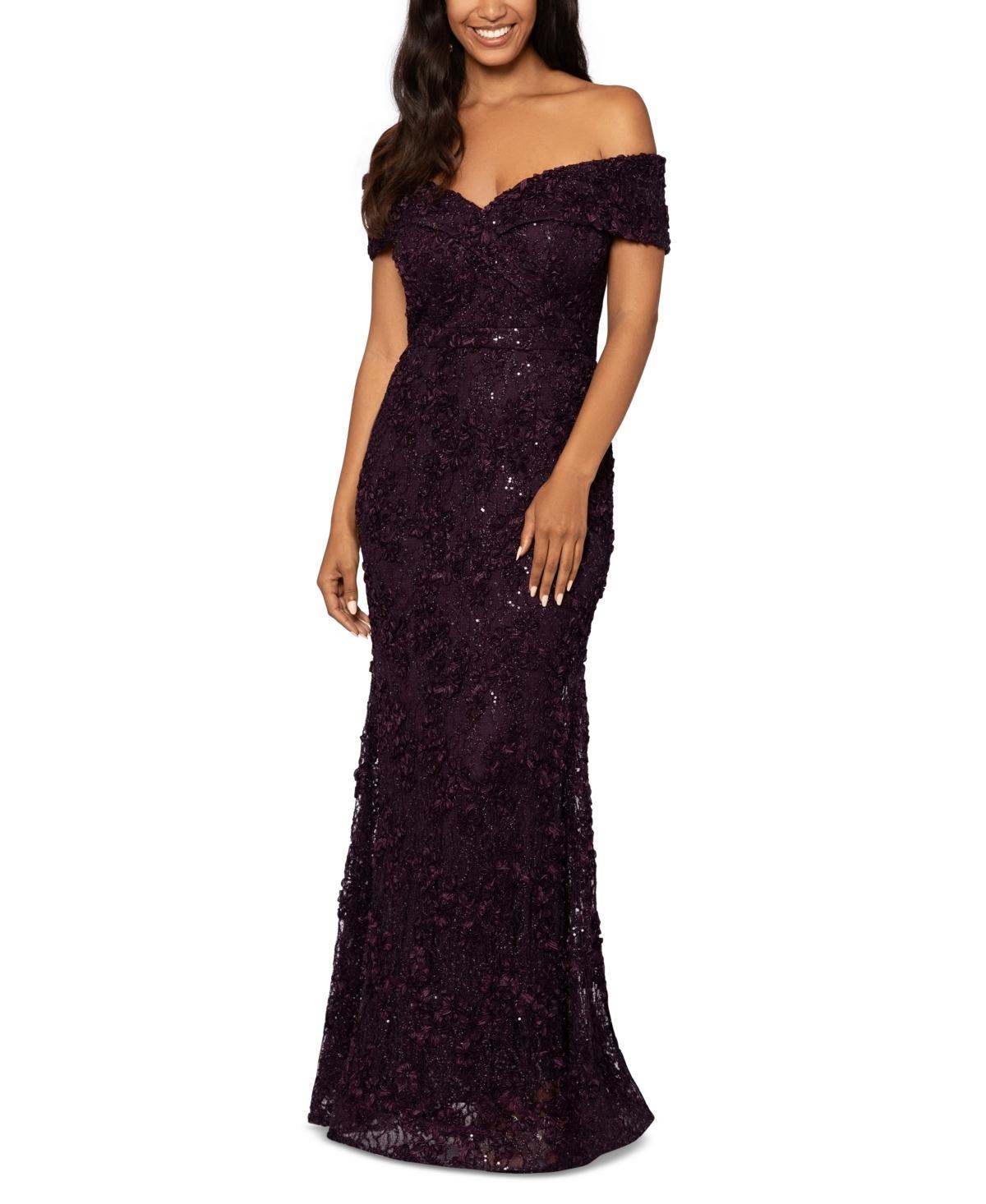 Xscape Embroidered Off-the-Shoulder Short Sleeve Lace A-line Gown Product Image