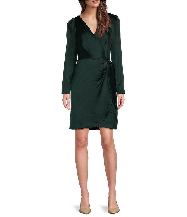 DKNY by Donna Karan Satin Surplice V-Neck Long Sleeve Side Knot Faux Wrap Mini Dress Product Image