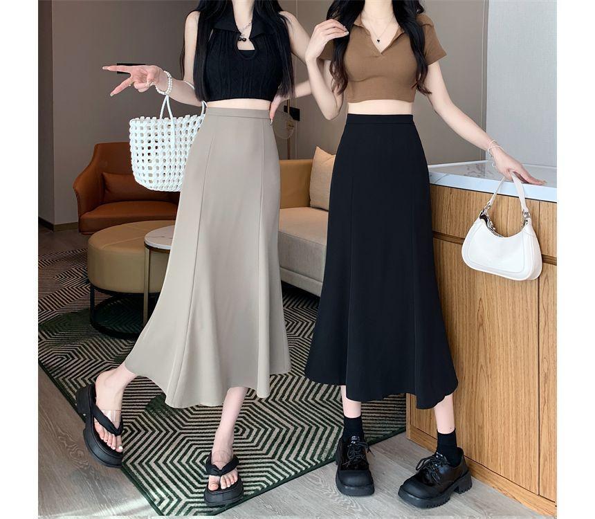 High Rise Plain Midi A-Line Skirt Product Image