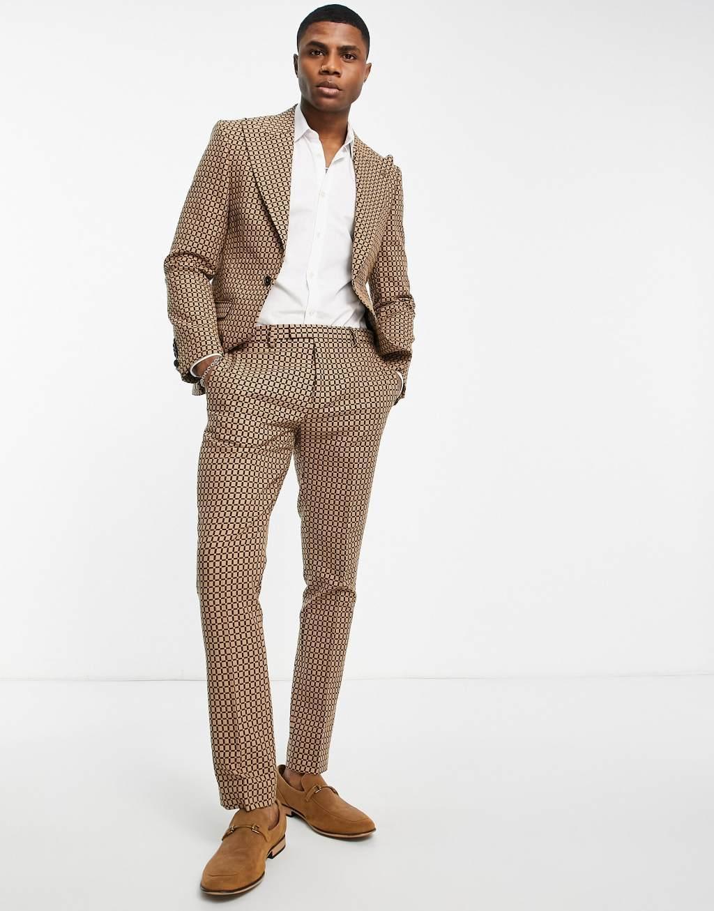 Twisted Tailor Malto skinny suit pants in light brown micro check Product Image