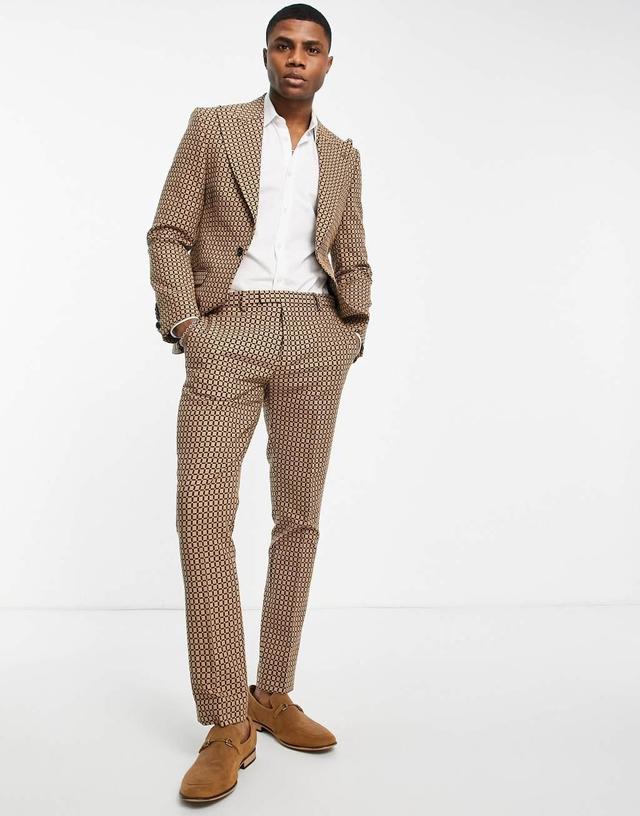 Twisted Tailor Malto skinny suit pants in light brown micro check Product Image