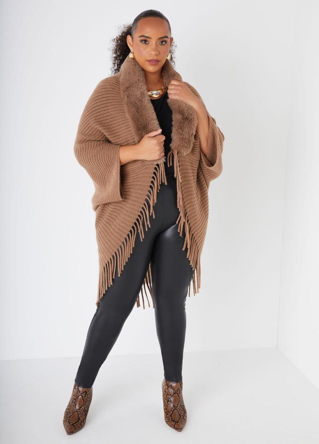 Plus Size Fringed Faux Fur Trimmed Ruana Ashley Stewart Product Image