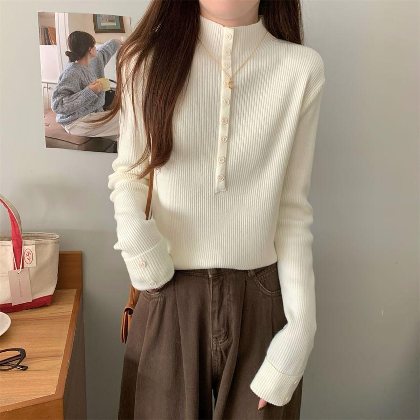 Long-Sleeve Mock Neck Half Buttoned Plain Knit Top Product Image