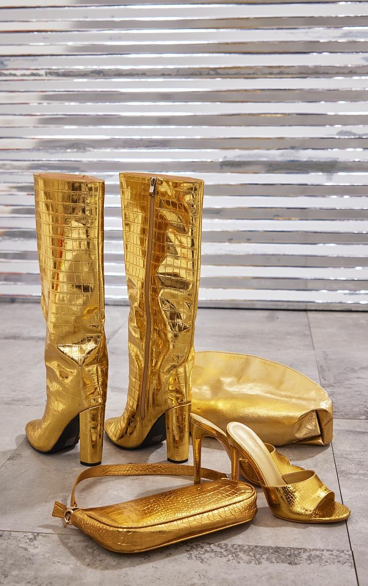 Gold Wide Fit Metallic Point Toe Croc Block High Heeled Knee Boots Product Image