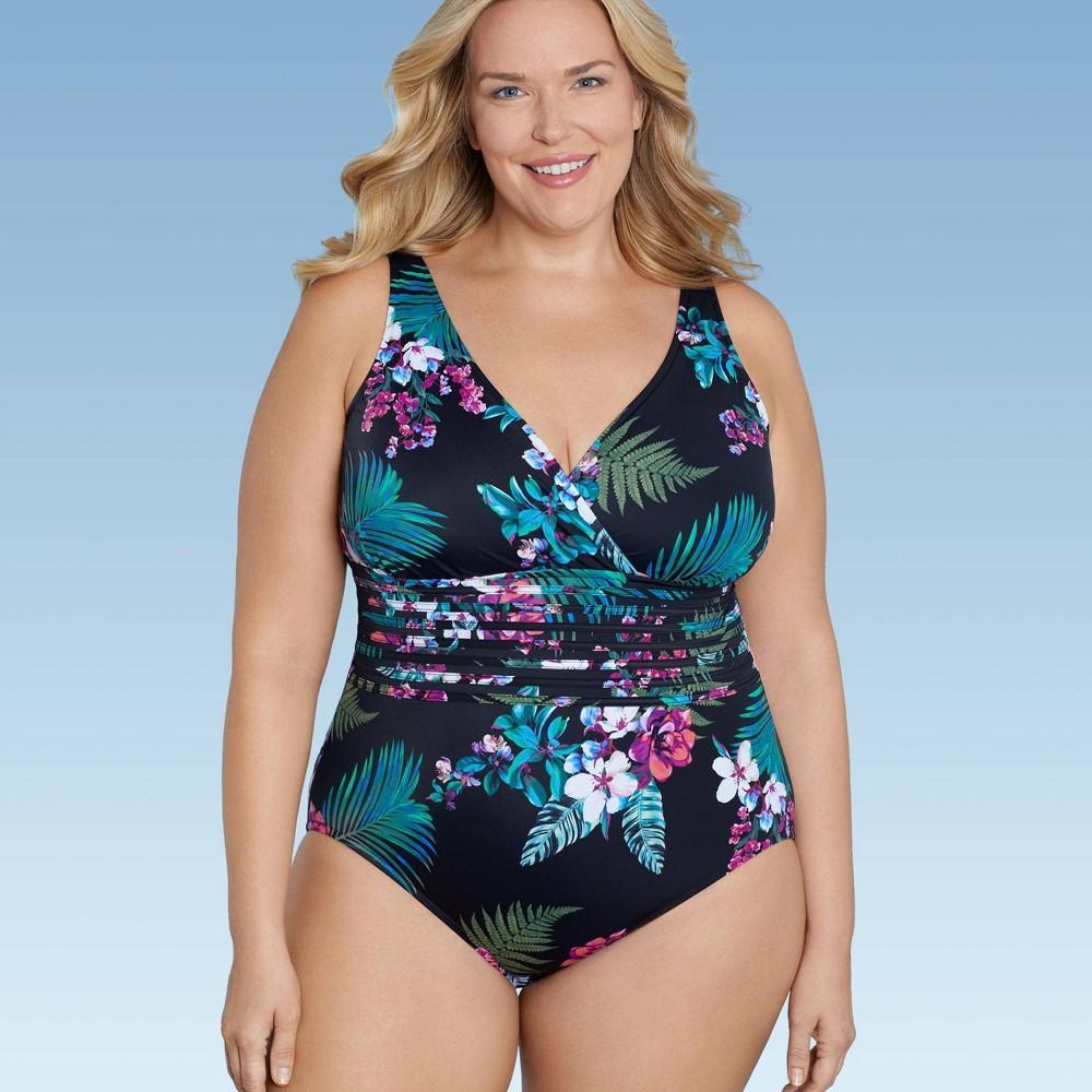 Womens UPF 50 Waist Detail Over the Shoulder One Piece Swimsuit - Aqua Green Multi 16 Product Image