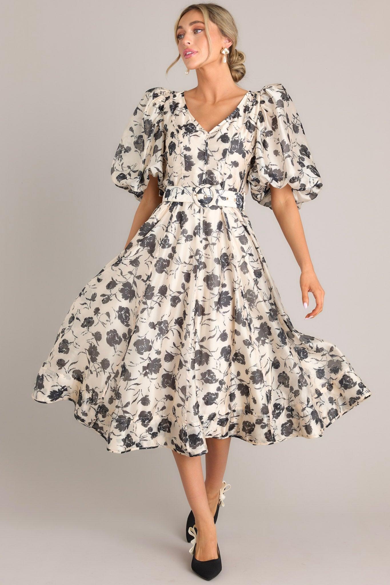 Blossoming Resilience Ivory & Black Floral Belted Midi Dress Product Image