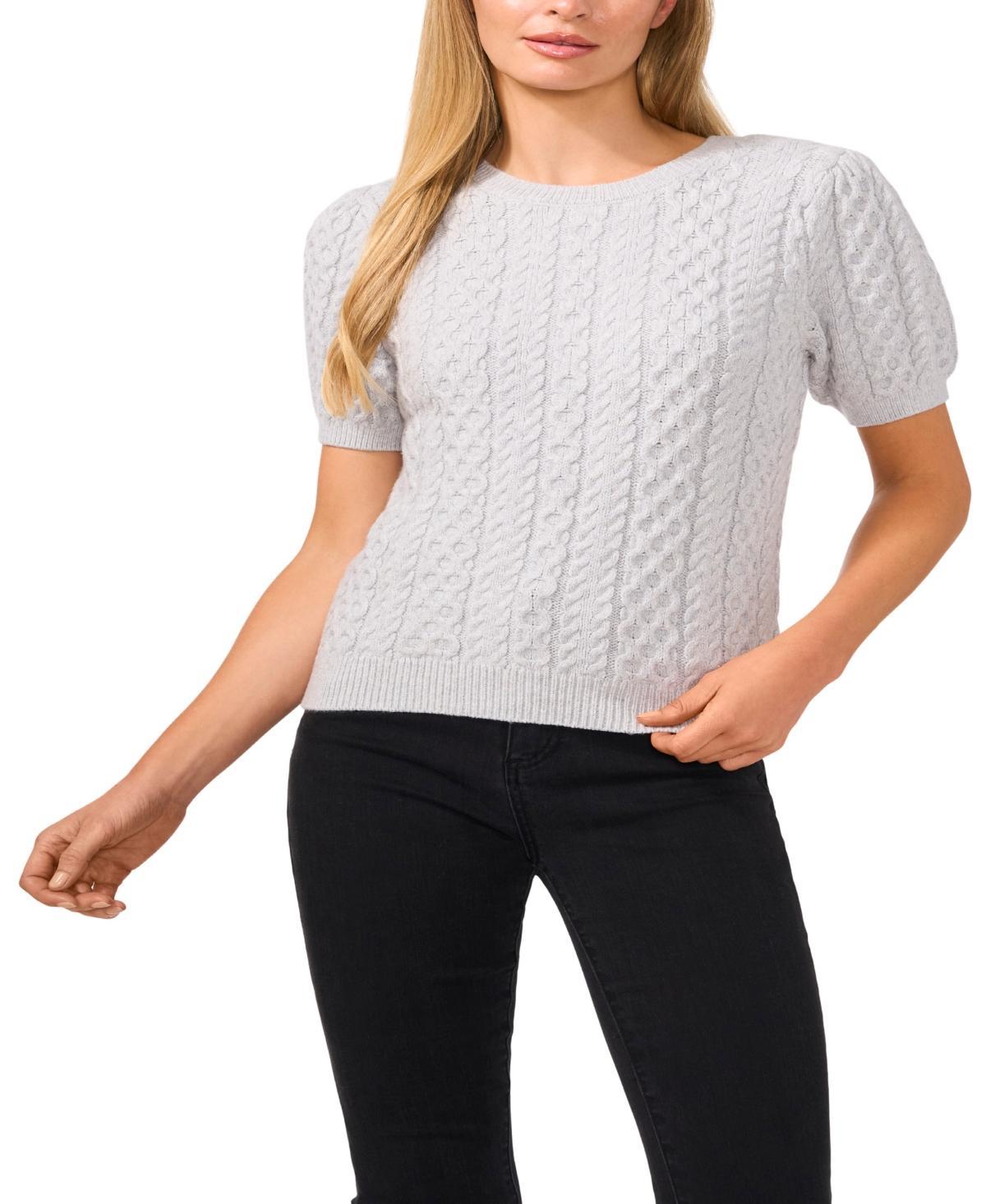 CeCe Womens Puff Short Sleeve Mixed Cable Knit Crew Neck Sweater Product Image