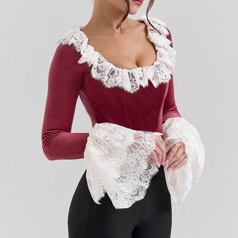 Long-Sleeve Scoop Neck Lace Panel Top Product Image