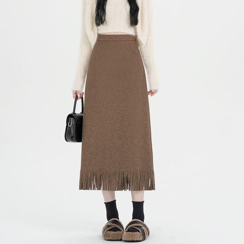 High Rise Plain Fringed Midi A-Line Skirt Product Image