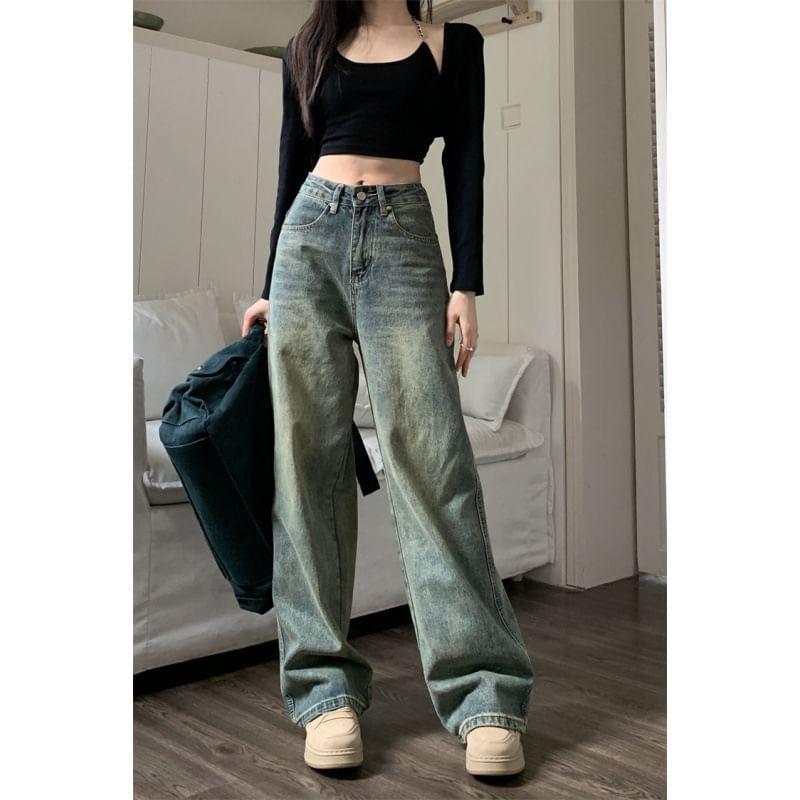 High Rise Washed Loose-Fit Wide-Leg Jeans Product Image