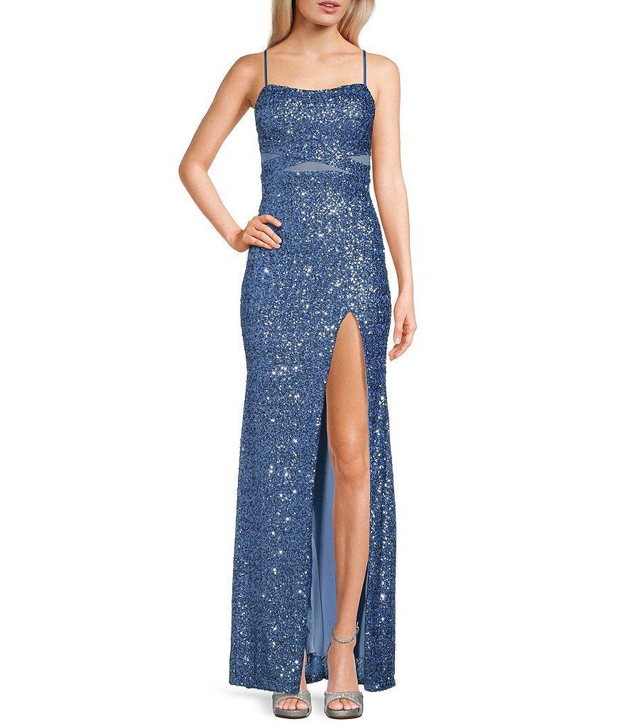 Honey and Rosie Sleeveless Mesh Waist Sequin Gown Product Image