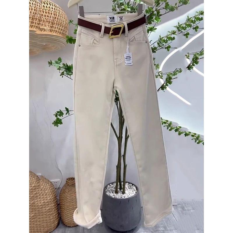 High Rise Plain Fleece Lined Straight Leg Pants Product Image