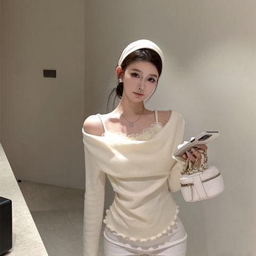 Long-Sleeve Off-Shoulder Plain Lettuce Edge Knit Top Product Image