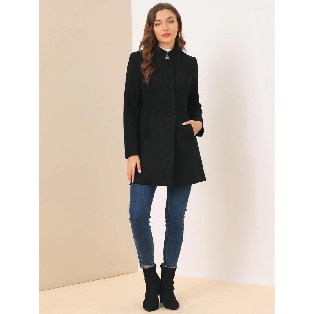 Allegra K Women's Winter Stand Collar Single Breasted Mid-thigh Long Overcoat Black Small Product Image