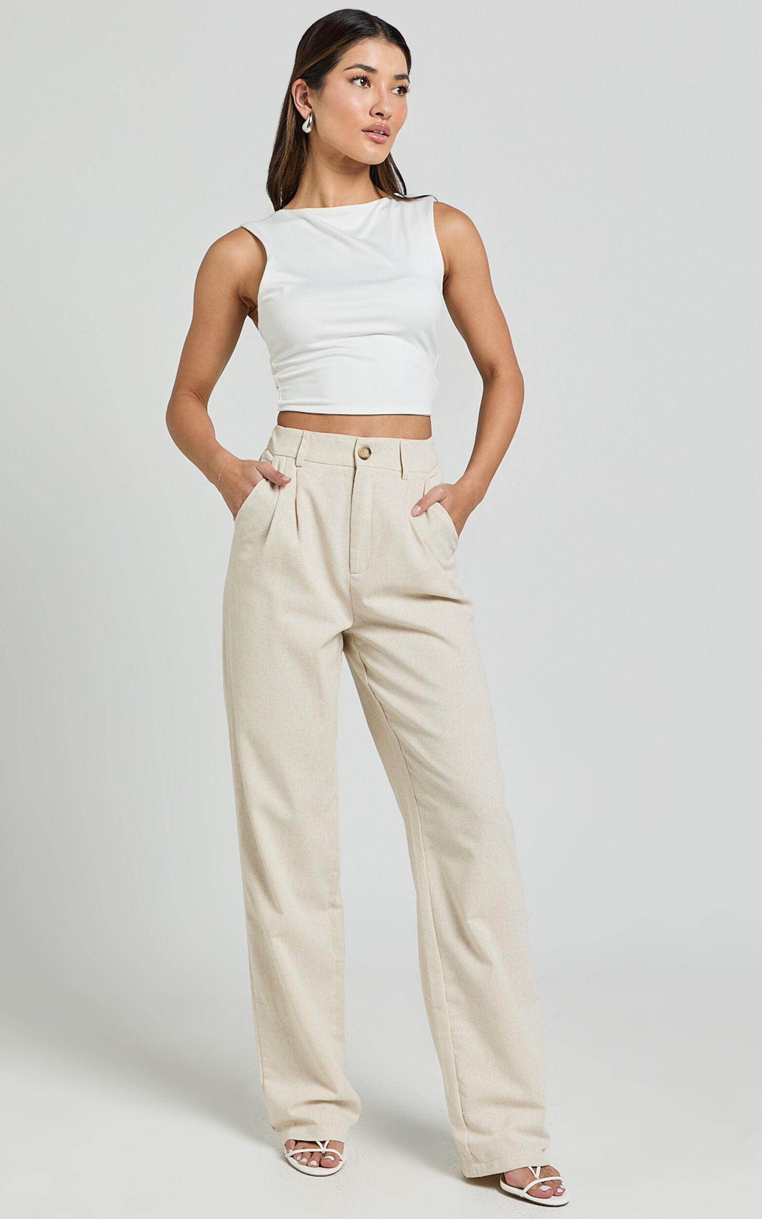 Kiraye Pants - Linen Look High Waist Tailored Pants in Natural Product Image