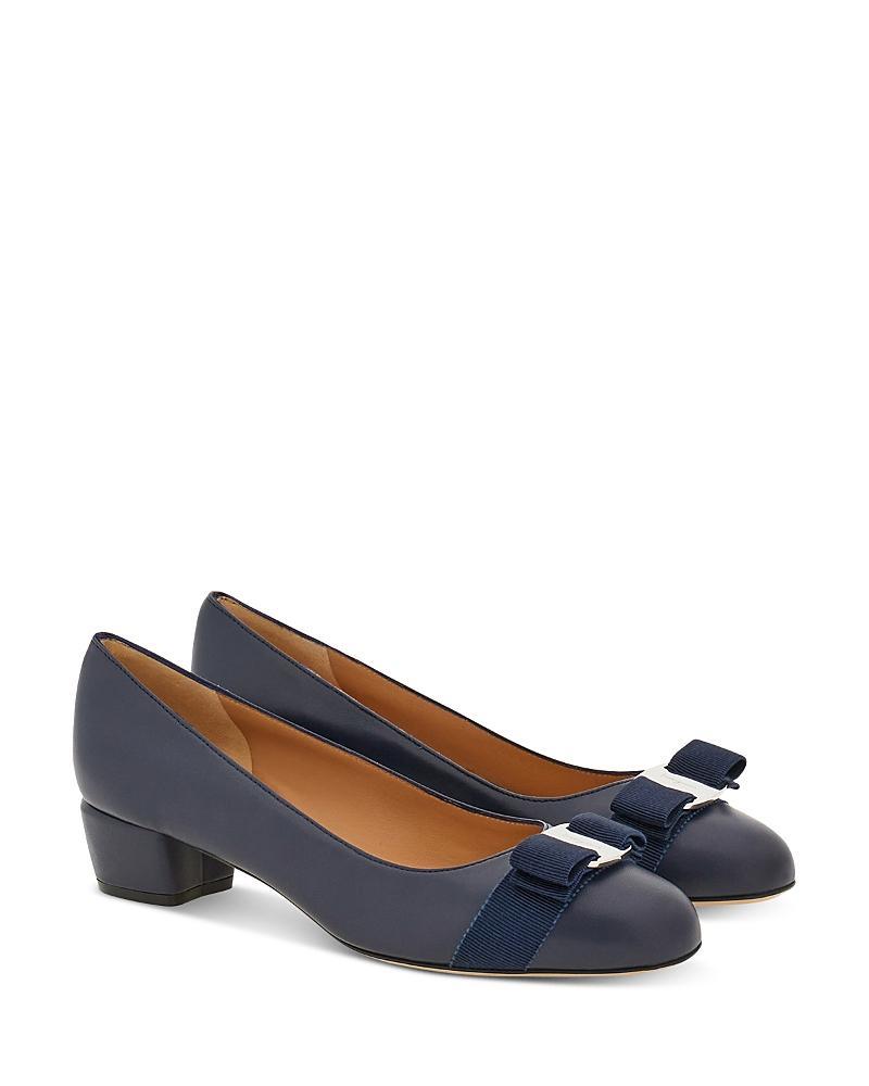 Ferragamo Womens Vara Soft Bow Detail Blue Block Heel Pumps Product Image