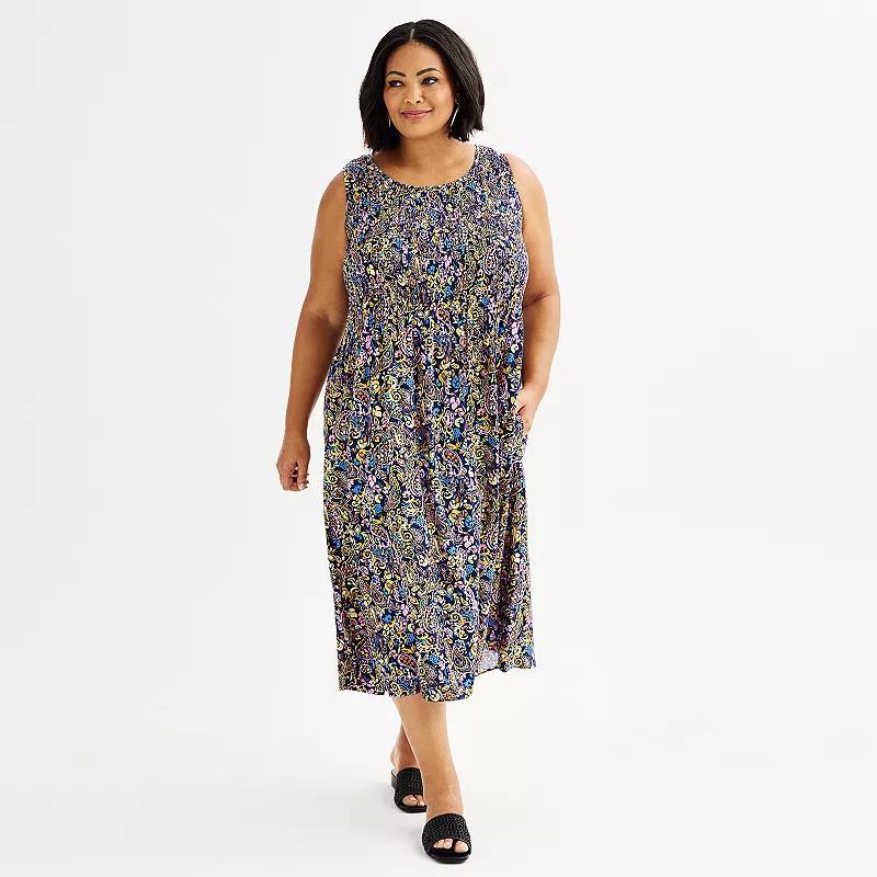 Plus Size Croft & Barrow Smocked Swing Midi Dress, Womens Med Blue Product Image