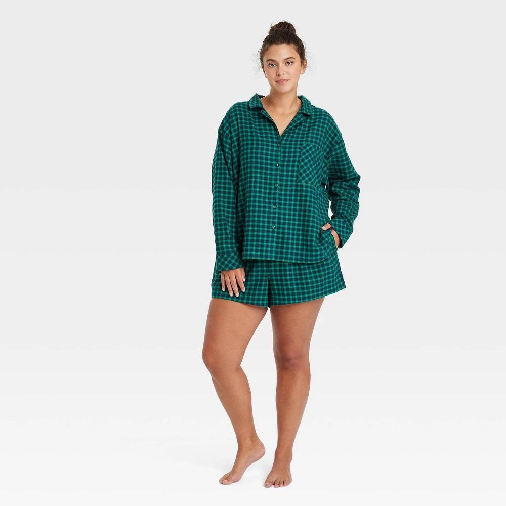 Womens Check Flannel Long Sleeve Top and Shorts Pajama Set - Auden Green 4X Product Image