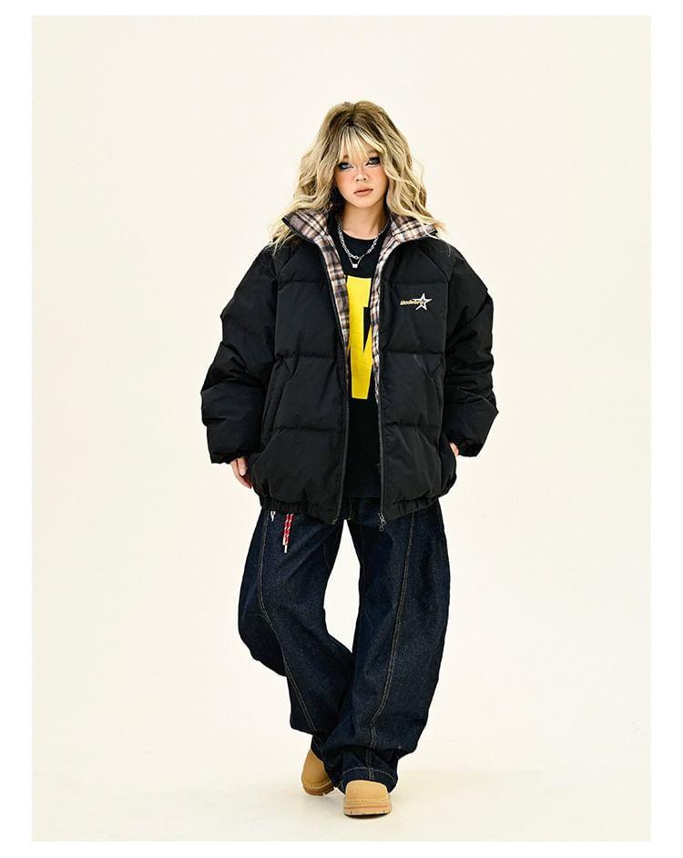 Hooded Plaid Panel Lettering Zip Puffer Jacket Product Image