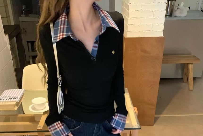 Long Sleeve Collared Plaid Panel Button Top Product Image