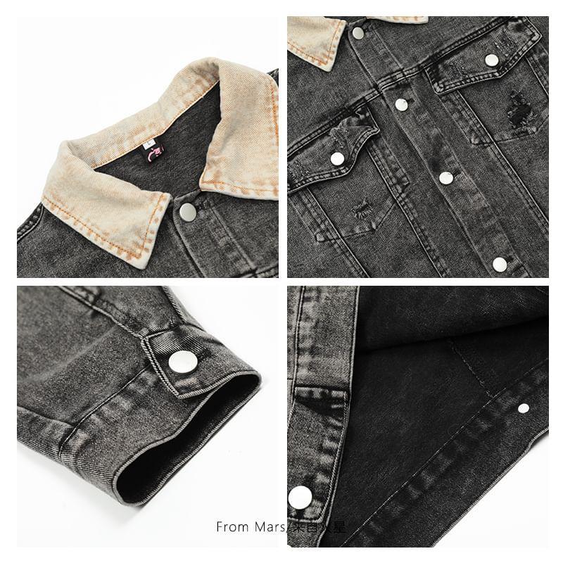 Lapel Collar Washed Denim Button Jacket Product Image