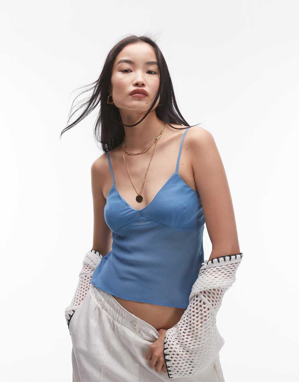 Topshop sheer cami in denim blue Product Image