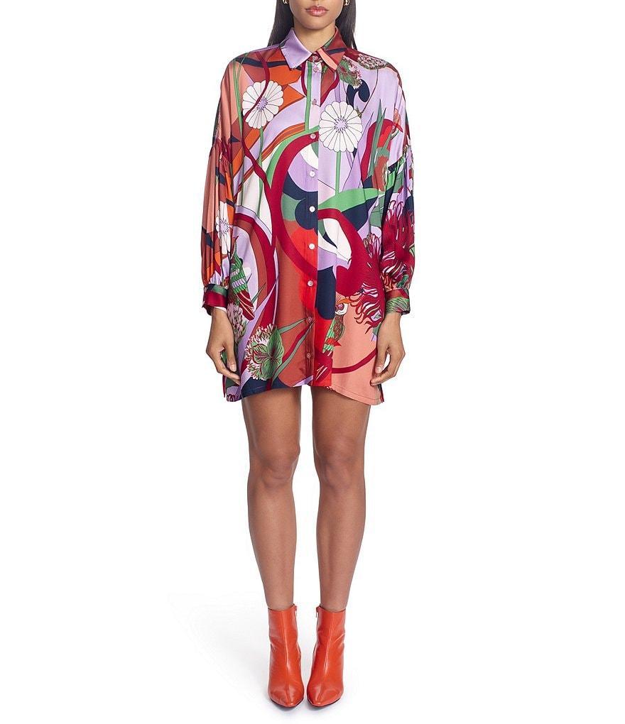 COREY LYNN CALTER Murphy Printed Satin Point Collar Long Sleeve Button Front Shirt Dress Product Image