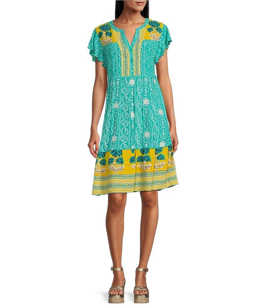 John Mark Mixed Embroidered Print Y-Neck Cap Sleeve Dress Product Image