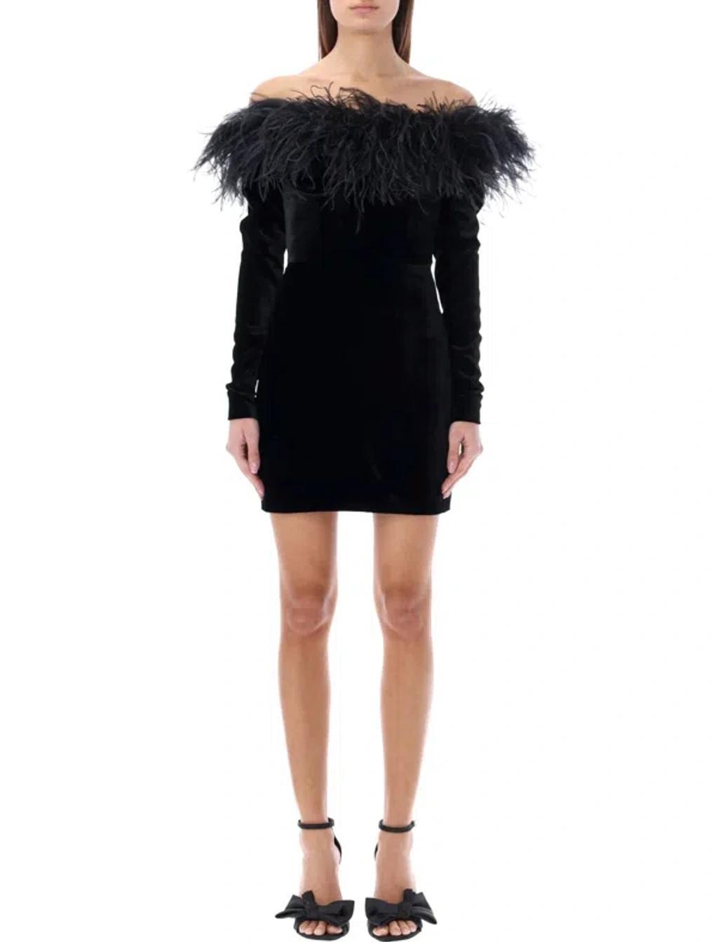 ALESSANDRA RICH Feather-trimmed Velvet Minidress In Black Product Image