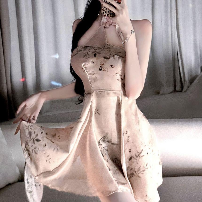 Set: Halter Neck Stand Collar Print Cutout Frog Buttoned Open Back Nightdress + G-String Product Image