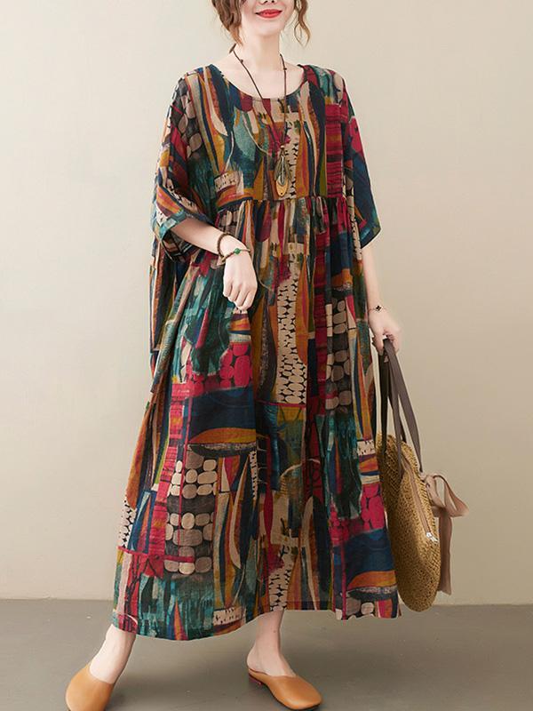 Vintage Loose Abstract Printed Pleated Round-Neck Half Sleeves Midi Dress Product Image