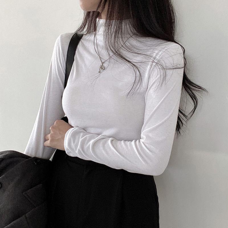 Long Sleeve Mock Neck Plain Fleeced Slim-Fit Top Product Image