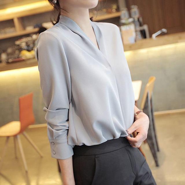 Long-Sleeve V-Neck Plain Blouse Product Image