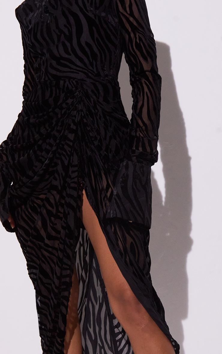 Black Zebra Print Devore High Neck Draped Midi Dress Product Image