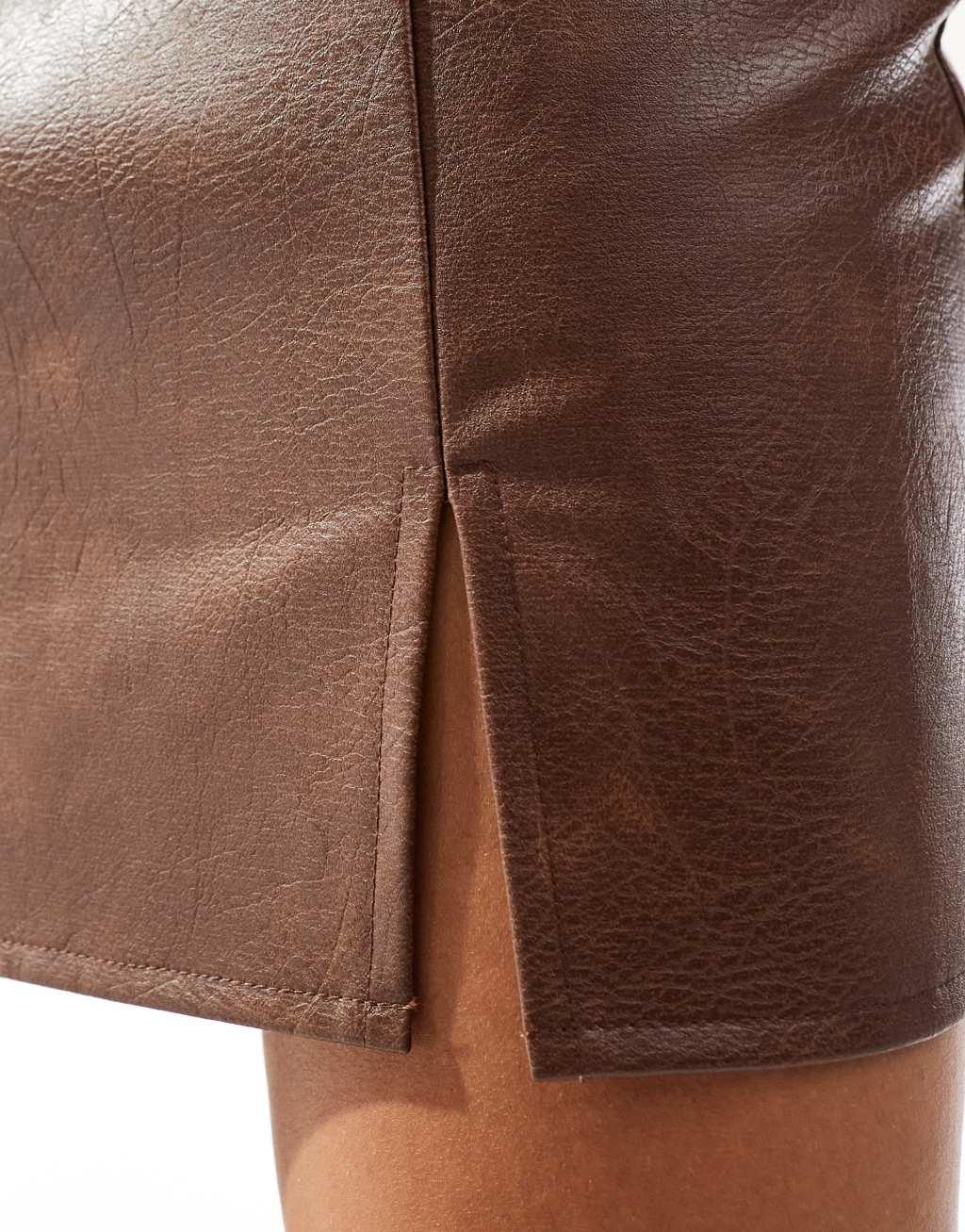 ASOS DESIGN slit front leather look mini skirt in washed brown Product Image